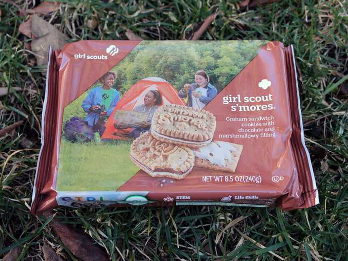 package of Girl Scout S’mores cookies on grass