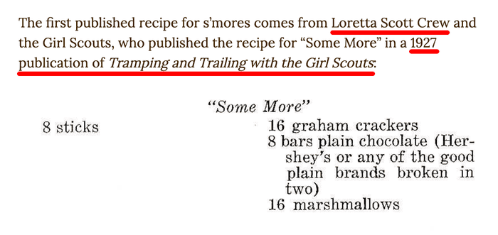 The first published recipe for s’mores comes from Loretta Scott Crew and the
Girl Scouts, who published the recipe for “Some More” in a 1927 publication of
Tramping and Trailing with the Girl Scouts
