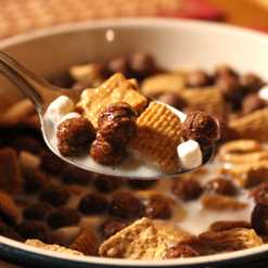 spoonful of Golden Grahams and Cocoa Puffs s’mores cereal