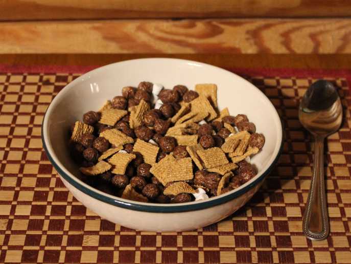 bowl of Golden Grahams & Cocoa Puffs s’mores cereal