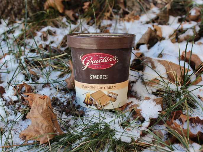 Graeter’s S’mores French Pot Ice Cream in snow