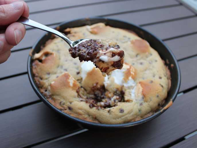 bite of giant s’mores stuffed chocolate chip skillet cookie
