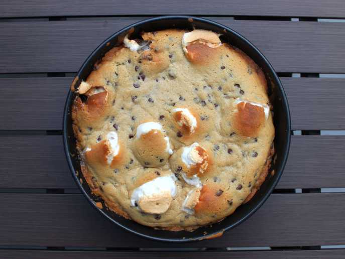 overhead giant s’mores stuffed chocolate chip skillet cookie